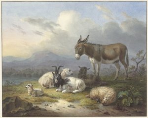 Eşek, keçi ve koyun ile manzara by Dirk van Oosterhoudt