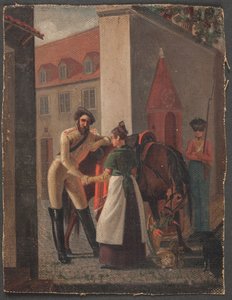 Sokak sahnesi. Bir süvari bir kıza veda ediyor by Ditlev Blunck