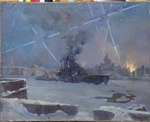 1942'de Leningrad'da (Saint Petersburg, Rusya) Neva'da ağır toplar. İkinci Dünya Savaşı Bölümü (1939-1945). Ressam by Dmitri Nikiforovich Martynov