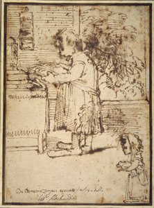 Aldobrandini ilahiyatçısının köpeğini tutan bir dişi cüce ile karikatürü (kağıt üzerinde kalem ve mürekkep) by Domenichino