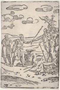 Bir örsün yanında duran ve zincirli bir adamı çeken sahtekar, Var..., ca. 1540-1550. by Domenico di Pace Beccafumi  