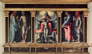 Üçlü Birlik Üçlüsü: Aziz Cosimo (Come or Cosimo), Vaftizci Aziz John, Trinity, Evangelist Aziz John ve Aziz Damien. Haç üzerine “” INRI”” yerleştirme. Domenico Beccafumi