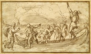 İsa ve Aziz Petrus su üzerinde yürüyor (kalem ve kağıt üzerinde kahverengi mürekkep) by Domenico Campagnola