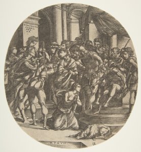 Kadın figürü Saint Catherine ortada diz çökmüş bir erkek figürüne yalvarıyor..., 1517. by Domenico Campagnola