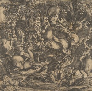 Ormanlık bir alanda savaşan çıplak bir grup adam, bazıları at sırtında, lo..., 1517