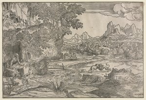 Aziz Jerome ve İki Aslan ile Manzara by Domenico Campagnola