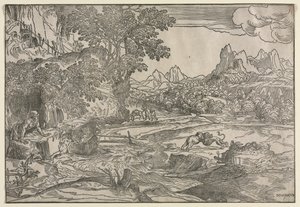 Aziz Jerome ve İki Aslan ile Manzara, c. 1530-35. by Domenico Campagnola