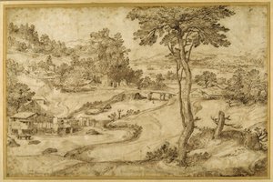 Dolambaçlı bir nehirle manzara (beyaz kağıt üzerine kalem ve kahverengi mürekkep) by Domenico Campagnola