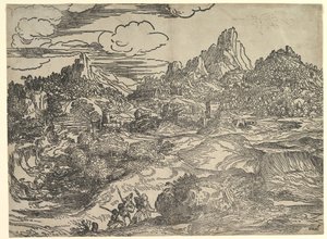 Ön planda birlikte yürüyen aile ile manzara, soldaki iki figür ..., ca. 1535-40. by Domenico Campagnola
