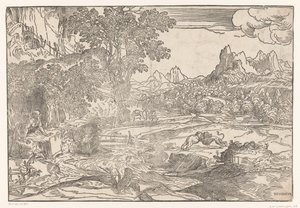 Hieronymus ve iki aslan ile manzara by Domenico Campagnola