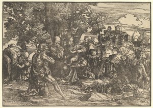 Mary ağaçların altında bebeğiyle oturuyor, iki yanında solda Yusuf ve sağda Aziz Jerome, Aziz..., 1517. by Domenico Campagnola