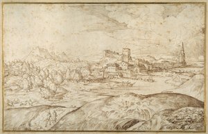 Nehirli dağlık manzara ve sivri kuleli müstahkem bir kasaba (beyaz kağıt üzerine kalem ve kahverengi mürekkep) by Domenico Campagnola