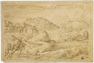 Saint Roch ve Köpekle Seyahat Eden Bir Çocuk ile Nehir Manzarası by Domenico Campagnola