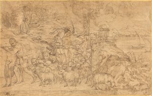 Flüt Çalan ve Sürüsüne Önderlik Eden Çoban by Domenico Campagnola