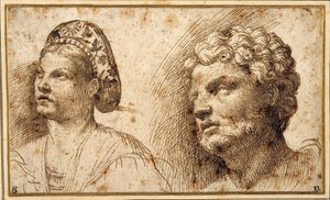 Balza giyen genç bir kadının ve sakallı bir adamın başının ve omuzlarının incelenmesi (kağıt üzerinde kalem ve mürekkep) by Domenico Campagnola
