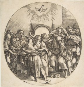Üst merkezde yayılmış kanatlarla inen bir kuş olarak Kutsal Ruh, on iki Havari ..., 1518.