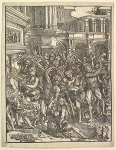 Masumların Katliamı Sağ taraf bir grup erkek figürün kadınlara saldırması ve ..., 1517. by Domenico Campagnola
