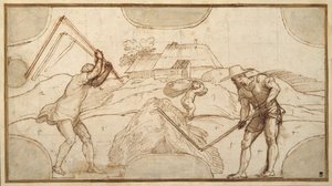 Harman yapan iki köylü (kağıt üzerinde kahverengi astarlı kalem ve kahverengi mürekkep) by Domenico Campagnola