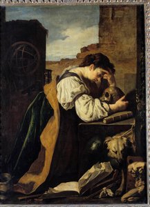 Melankoli Üzgün genç bir kadın bir kafatasının başının üzerine eğiliyor, arkasında bir zırhlı küre. Domenico Feti (1589-1624) tarafından Tablo (Kibir) Güneş. 1,71x1,28 m. by Domenico Feti