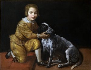 Köpeği olan bir çocuğun portresi.