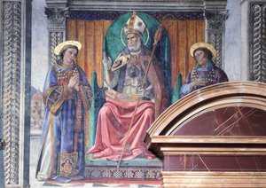 Aziz Zenobius, Floransa'nın piskoposu ve koruyucusu, Aziz Eugene ve Crescenzio ile aslan Marzocco arasında, şehrin sembolü, Domenico Ghirlandaio (1449-1494), fresk, detay, Palazzo Vecchio, Zambak Odası (Sala dei Gigli), Floransa by Domenico Ghirlandaio