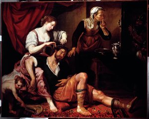 Samson ve Dalila (Samson ve Delilah) Domenico Fiasella dit il Sarzana (1589-1669) tarafından yapılan boyama 17. yüzyıl Genleri, Musei di Strada Nuova (eski Palazzo Bianco)