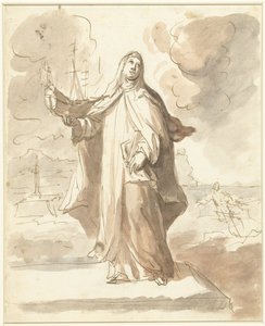 Saint Brigitta, sağ elinde gemiyle ayakta