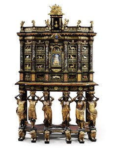 Louis XIV stant üstü dolap (altın bronz, pietra dura, bağa, dişbudak, ebonize ve koli yaldızlı) (ayrıca bkz. 1766356-7) by Domenico and Gobelins workshop (attr. to) Cucci