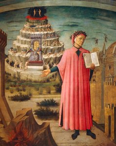 Elinde İlahi Komedya ve arka planda Araf dağlarıyla Dante Alighieri, İlahi Komedya