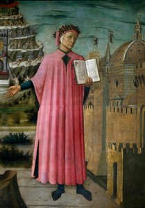 İtalyan şair Dante Alighieri (1265-1321) ilahi komedi ”(İlahi komedi)” adlı eserini sunar. Detay. Fresk Domenico di Michelino (1417-1491), Cathedrale Santa Maria del Fiore, Floransa. (Duomo, Floransa) İtalya