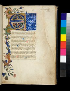Ms 373. Sözde Cicero, Rhetorica ad Herennium ve diğer eserler, f.1r. Işıklı baş harfi [E] ve akantus yaprağı ve çiçek bezemeli kısmi bordür, mavi zemin üzerine beyaz ekran başlıklarıyla metnin ilk satırı, c.1337 (parşömen)