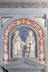 Aziz Lawrence ve Aziz Stephen, kuzey kapısının üzerindeki alçak kabartma heykel, yaklaşık 1440 (pişmiş toprak) by Donatello