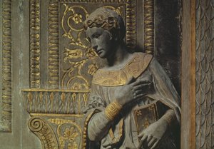 Cavalcanti Müjdesi: Donatello 1386-1466 c.1435 yaldızlı kireçtaşı tarafından Bakire ayrıntısı by Donatello