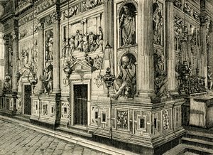 Donato Bramante (1444-1514) tarafından tasarlanan Kutsal Evin Mermer Perdesi, Kutsal Evin Kutsal Alanı, Loreto, Marche, İtalya