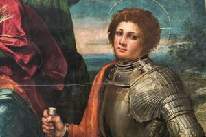 Bebek İsa ve Aziz Sebastian ve Aziz George ile Madonna, 2384616 detayı by Dosso Dossi