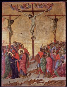 Çarmıha germe. Yanlarda, iyi hırsız (Dismas) ve tövbesiz hırsız (Gestas). Maesta sunağı (ahşap üzerine tempera ve altın by Duccio di Buoninsegna