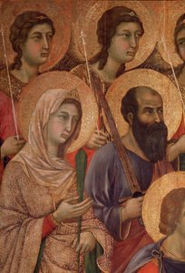 Tahtta bakire ve çocuk, İskenderiyeli Aziz Catherine ve Aziz Paul ile detay. (La Maesta) (ahşap üzerine tempera ve altın by Duccio di Buoninsegna