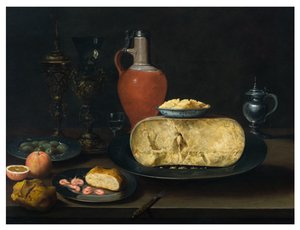 Bir Masada Peynir, Tereyağı, Ekmek, Karides, Portakal, Zeytin ve Şarap ile Natürmort by Dutch School