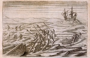 Keşif gezisinin kışladığı kabin için dalgaların karaya attığı odun toplama, Diarium Nauticum