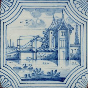 Bir kanal üzerinde bir asma köprü gösteren Delft kiremit, 19. yüzyıl by Dutch School