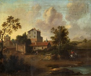 Harabeler ve Beyaz Atlı Bir Binici ile Manzara by Dutch School