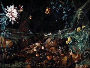 Çiçekler ve sürüngenlerle dolu bir vadide akarsu (tuval üzerine yağlı boya) by Dutch School