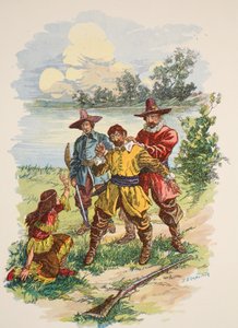 Yakasının arkasından tutuldu, Edward S. Ellis'in 'Pocahontas: Ormanın Prensesi'nden bir çizim, pub. McLoughlin Kardeşler, New York, 1912 dolayları by E.B. Comstock