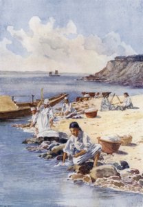 Nehirde çamaşır yıkayan Koreli kadınlar (renkli taş) by E.H. Fitchew