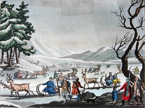 Ren geyiği tarafından çekilen kızaklarda kış kampından ayrılan Tungus, 1820 dolayları (renkli gravür) by E. (after) Karnejeff
