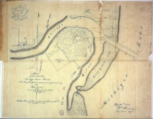 Chicago Nehri ağzının haritası, Illinois, limanın iyileştirilmesi için önerilen iskelelerin planı, 1830
