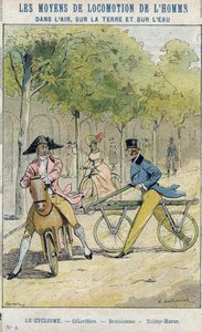 Velocipedes - İngiliz celerifere - Draisienne, bisikletin atası - Okul kitapları için koruyucu kılıftan, 19. yüzyılın sonları - çizim E Letellier - Celerifere - Draisienne - Hobby-Horse (Nobby Horse) - Tarihi defteri koru, yüzgeç 19t