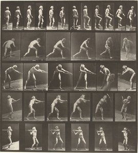 Plaka Numarası 521. A: Yürüyüş. B: Yükselen adım. C. Disk atma. D: Kürek kullanmak. E, F. Toplama kullanma by Eadweard Muybridge
