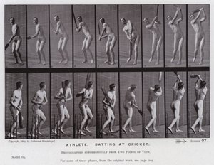 Hareket Halindeki İnsan Figürü: Atlet, krikette vuruş yapıyor (s/b fotoğraf) by Eadweard Muybridge