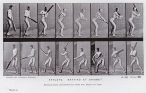 Hareket Halindeki İnsan Figürü: Atlet, krikette vuruş yapıyor (s/b fotoğraf) by Eadweard Muybridge